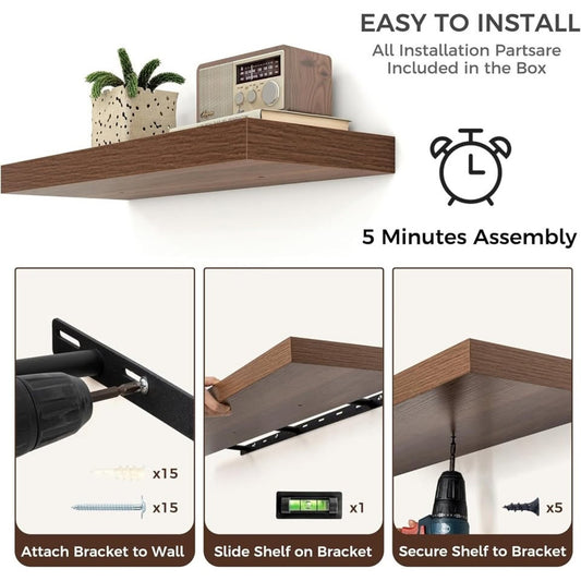 Floating Shelves – 2 Large Walnut Wall Mounted Shelves with Invisible Brackets (24" x 9" x 1.5")
