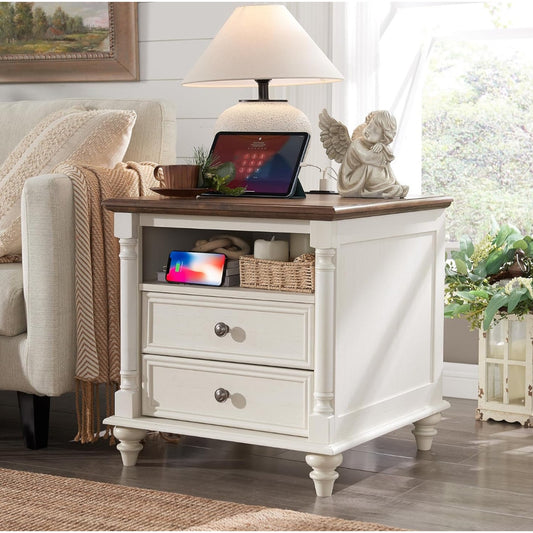 White Wooden End Table w/ 2 Drawers, Shelf & Built-In USB/Power Outlets- New!