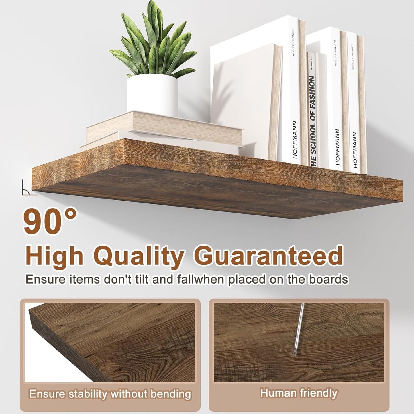 24-Inch Deep Floating Wall Shelf with Hidden Brackets, Rustic Brown