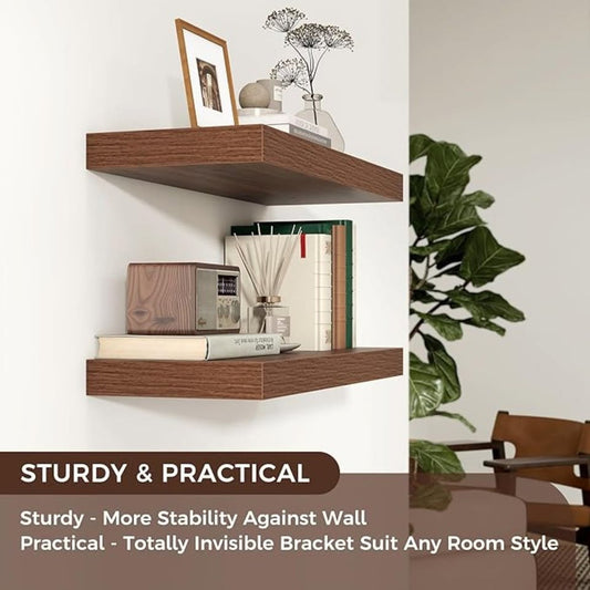 Floating Shelves – 2 Large Walnut Wall Mounted Shelves with Invisible Brackets (24" x 9" x 1.5")