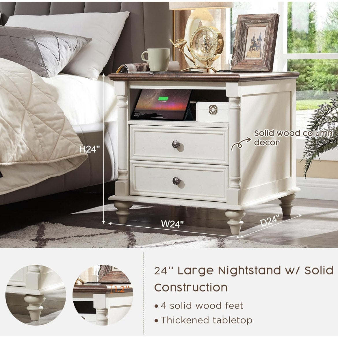 White Wooden End Table w/ 2 Drawers, Shelf & Built-In USB/Power Outlets- New!