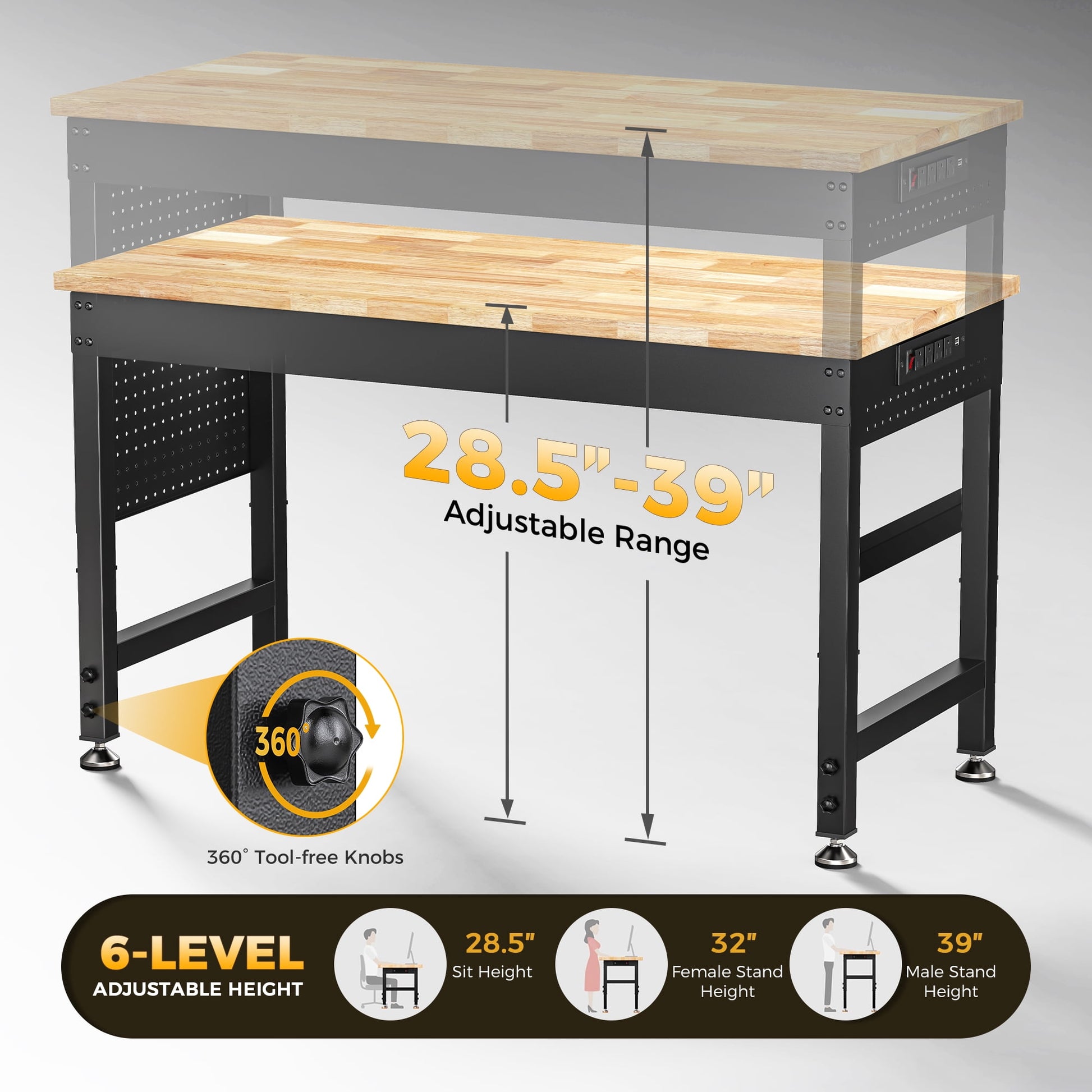 CAMMOO 48-Inch Adjustable Heavy-Duty Workbench with Pegboard, Power Outlets, 2000 lbs