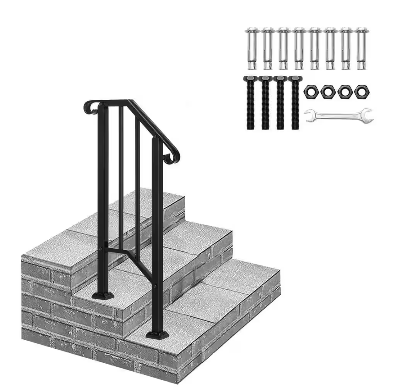 Wrought Iron Outdoor Stair Handrail for 1 Step, Black