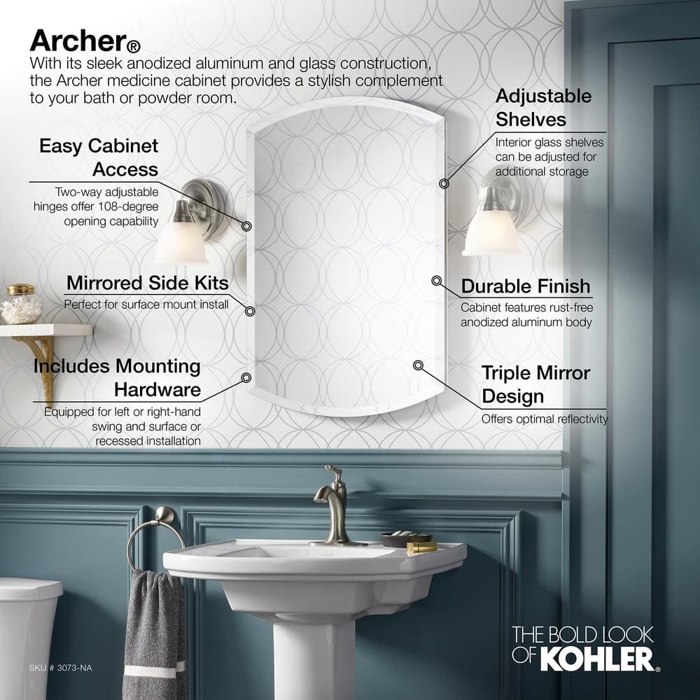 KOHLER Archer 20" x 31" Mirrored Recessed Medicine Cabinet, Beveled Aluminum Frame