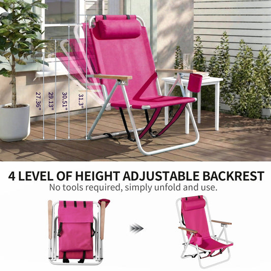 Set of 2 Pink Backpack Beach Chairs Folding 4 Position Reclining