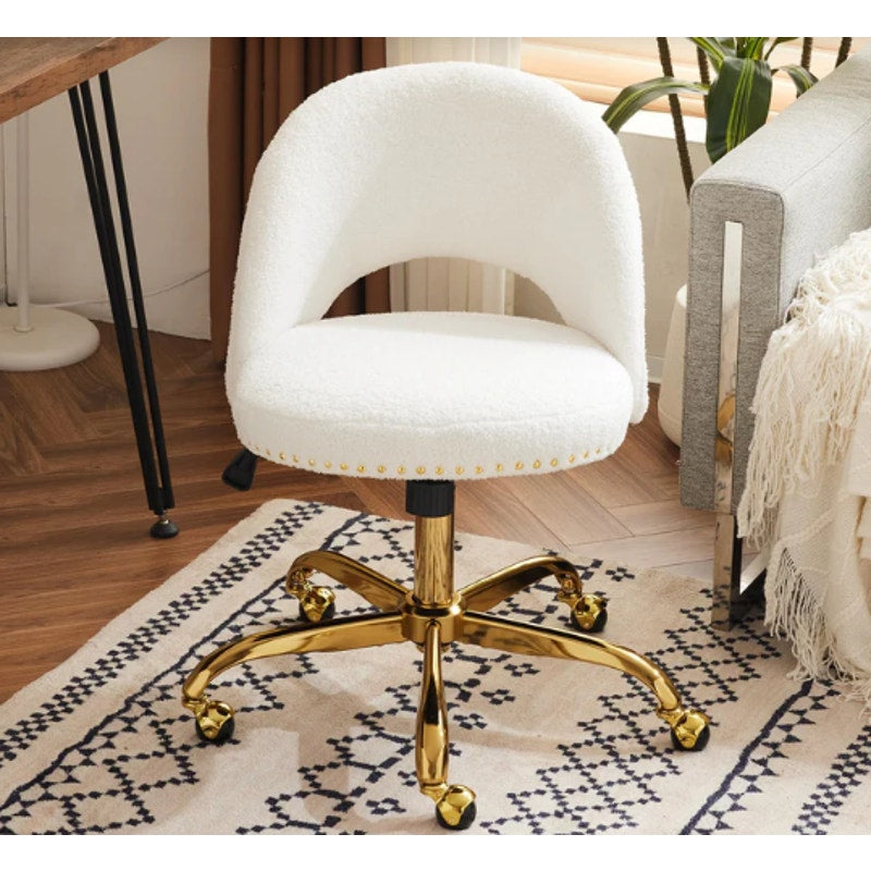 White Sherpa Vanity Chair / Gold Base / Adjustable Swivel Office Chair- New