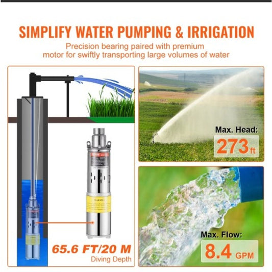 Solar Water Pump – 48V DC 369W Submersible Deep Well Pump, 8.4 GPM, 273 ft Lift