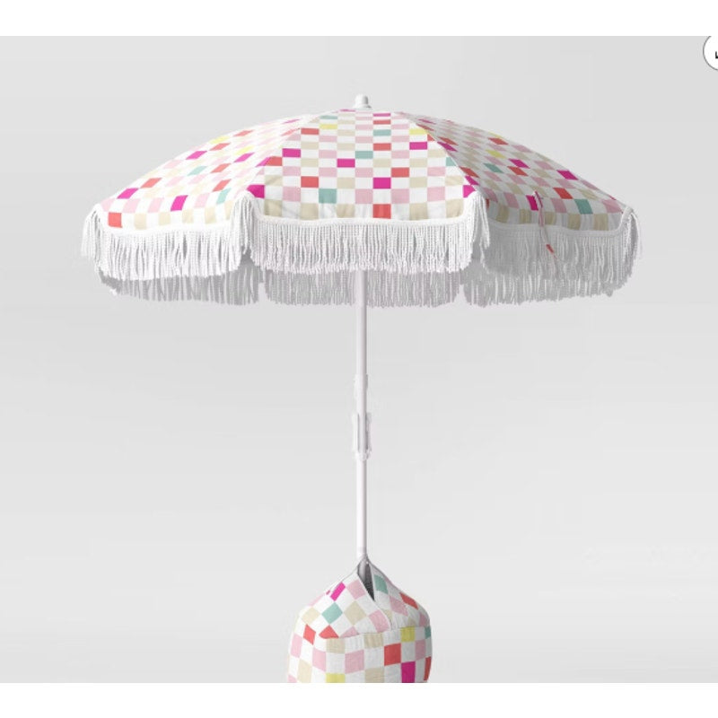 6' Outdoor Patio Beach Umbrella with Fringe – Multicolor Checkered