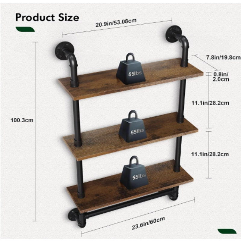24″ Industrial Wall Shelves – Rustic Wood & Black Pipe, New in box
