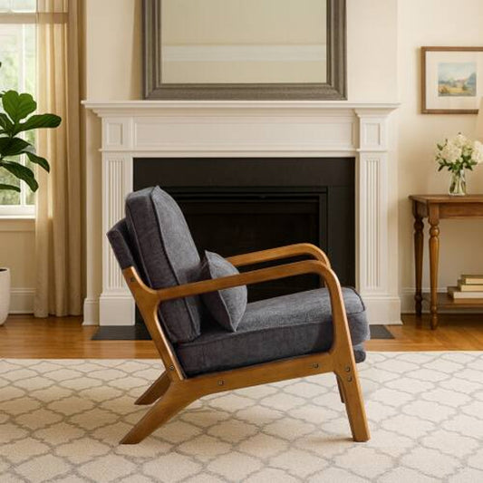 Mid-Century Modern Chenille Accent Chair with Wood Frame & Pillow