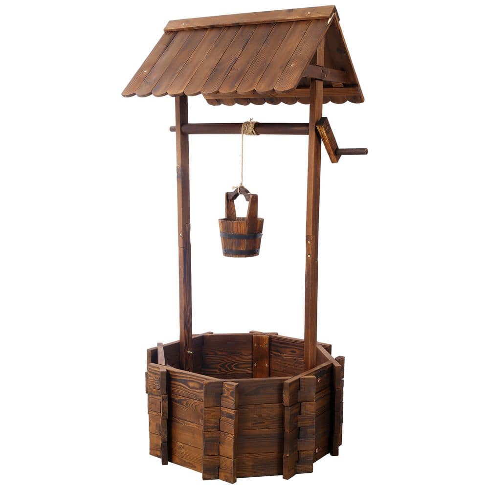 53-inch Rustic Wooden Wishing Well Planter, Outdoor Garden Decor with Hanging Bucket
