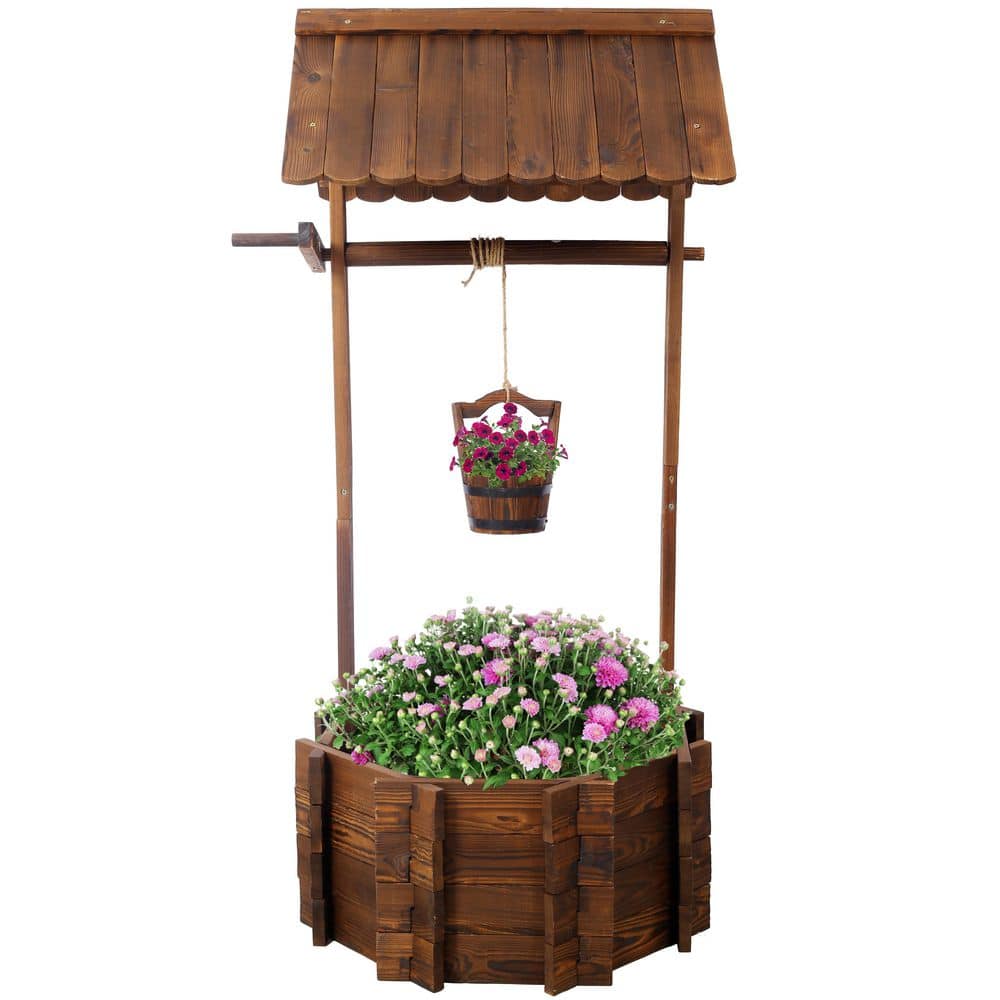 53-inch Rustic Wooden Wishing Well Planter, Outdoor Garden Decor with Hanging Bucket