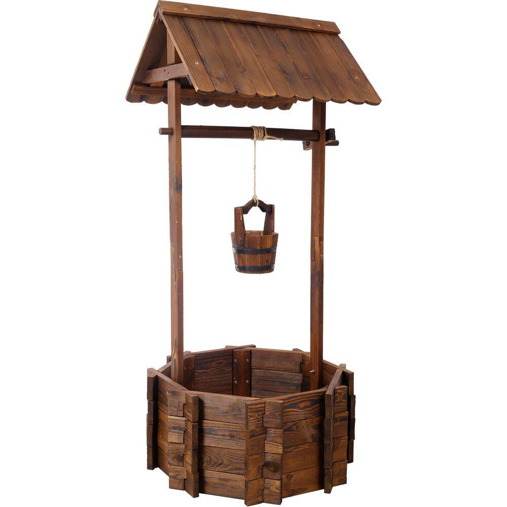 53-inch Rustic Wooden Wishing Well Planter, Outdoor Garden Decor with Hanging Bucket