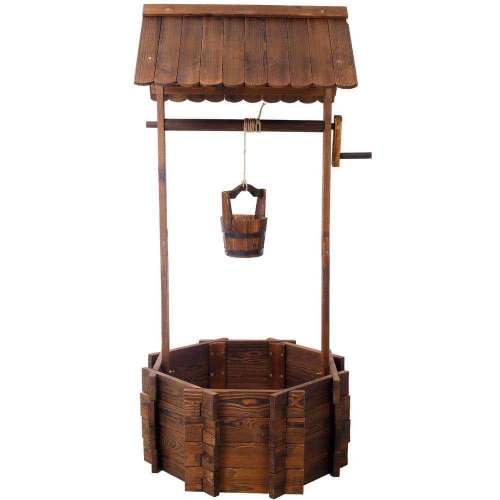 53-inch Rustic Wooden Wishing Well Planter, Outdoor Garden Decor with Hanging Bucket