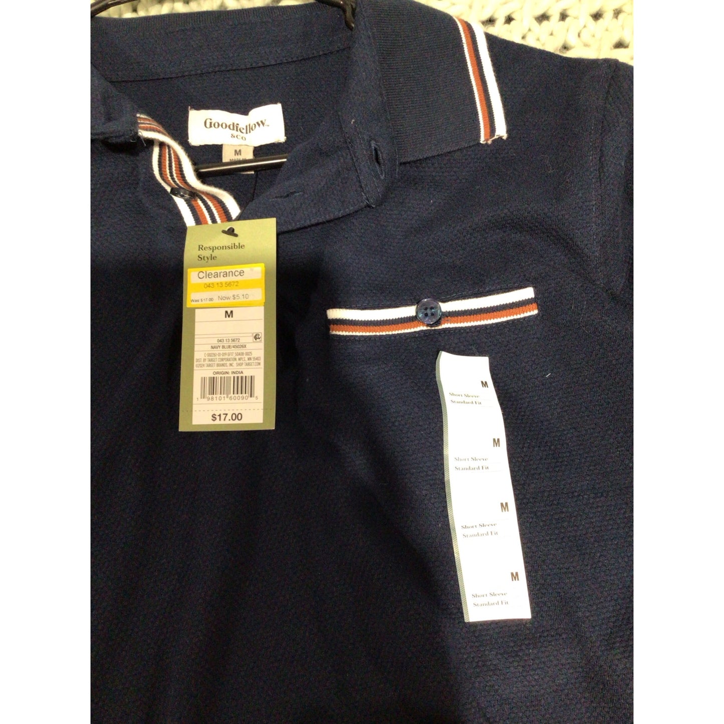 Men’s Navy Short Sleeve Polo Shirt – Classic Trim Collar, Size M