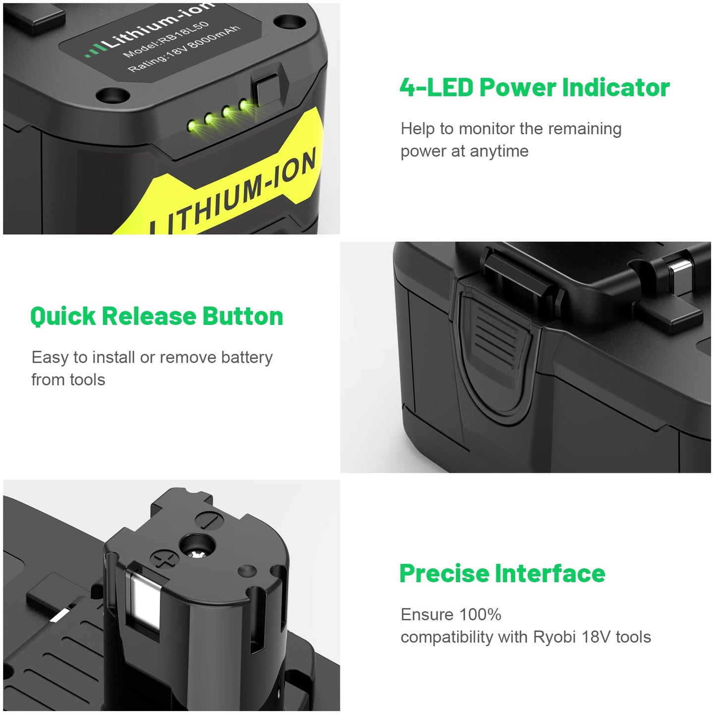 Powerful 18V 8000mAh Li-ion Battery for Ryobi ONE+ Cordless Power Tools