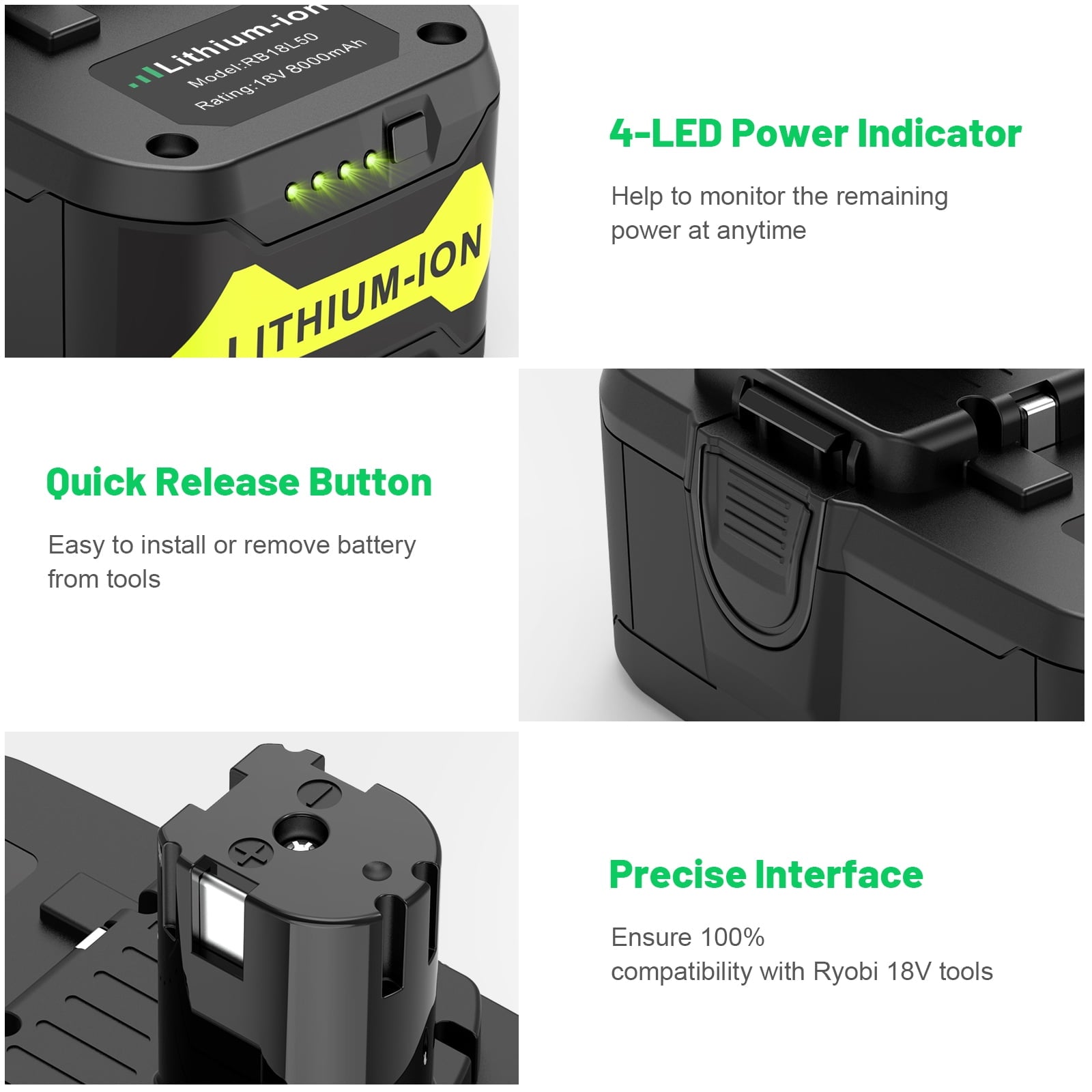 Powerful 18V 8000mAh Li-ion Battery for Ryobi ONE+ Cordless Power Tools