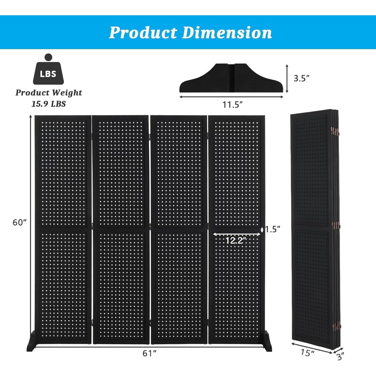 Foldable Wooden Pegboard Display with 4 Panels, Freestanding Craft Organizer