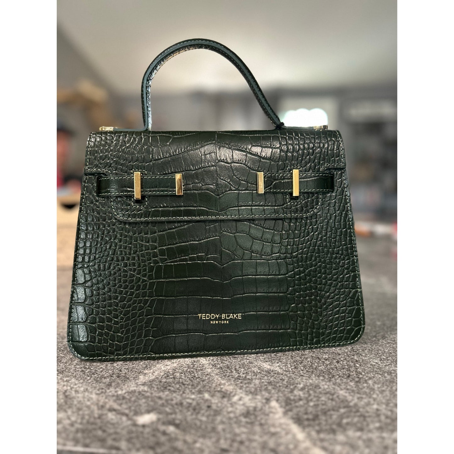 Teddy Blake Ella Croc Embossed Handbag – Verde Green with Gold Hardware, 14"-NWT