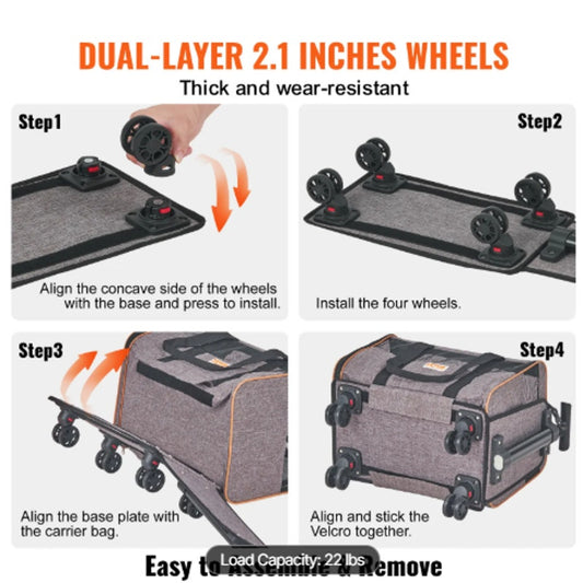 Airline-Approved Cat & Dog Carrier with Wheels, Handle & Strap-Under 25 lb