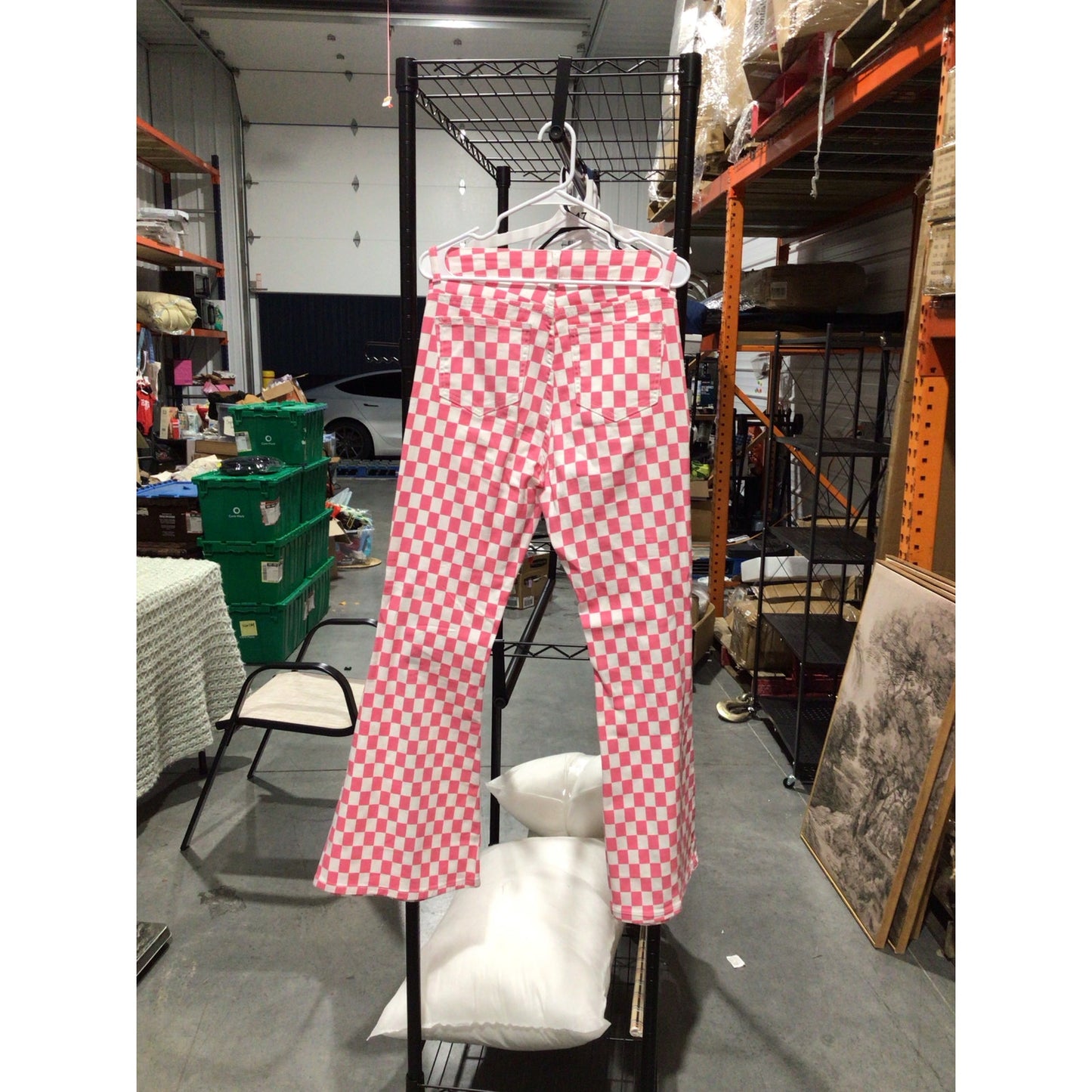 Pink & White Checkered Flare Jeans – Size 10 / Stretch Fit