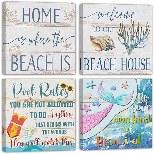4-Pack 16x16 Coastal Canvas Wall Art – Beach & Pool House Decor