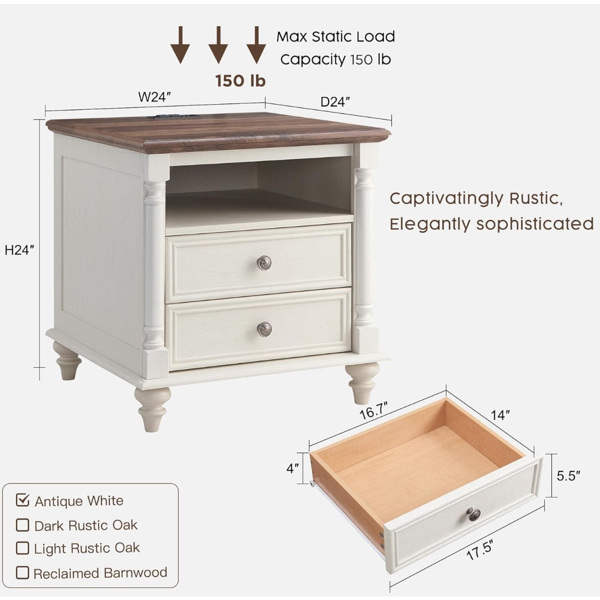 White Wooden End Table w/ 2 Drawers, Shelf & Built-In USB/Power Outlets- New!