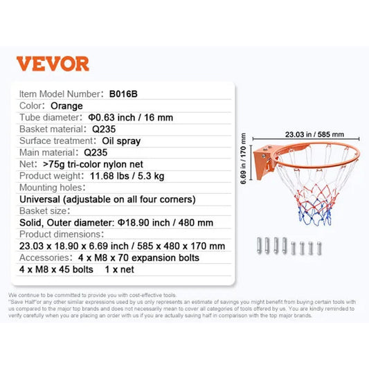 18-inch Flex Basketball Rim, Q235 Steel, Wall/Door Mount with Net- NWT