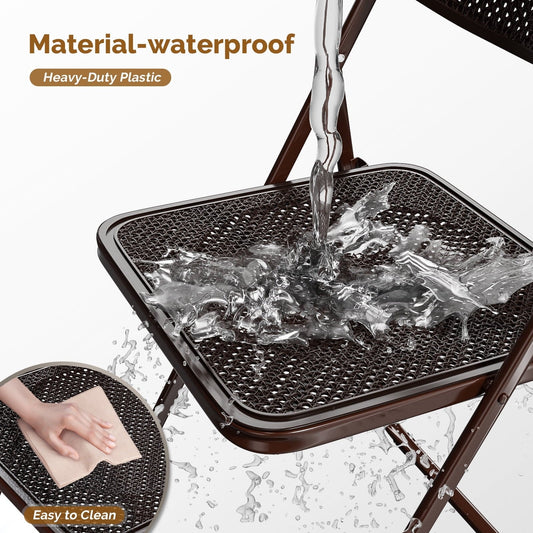 Folding Woven-Style Chairs – Brown, 4-Pack with Heavy-Duty Frame