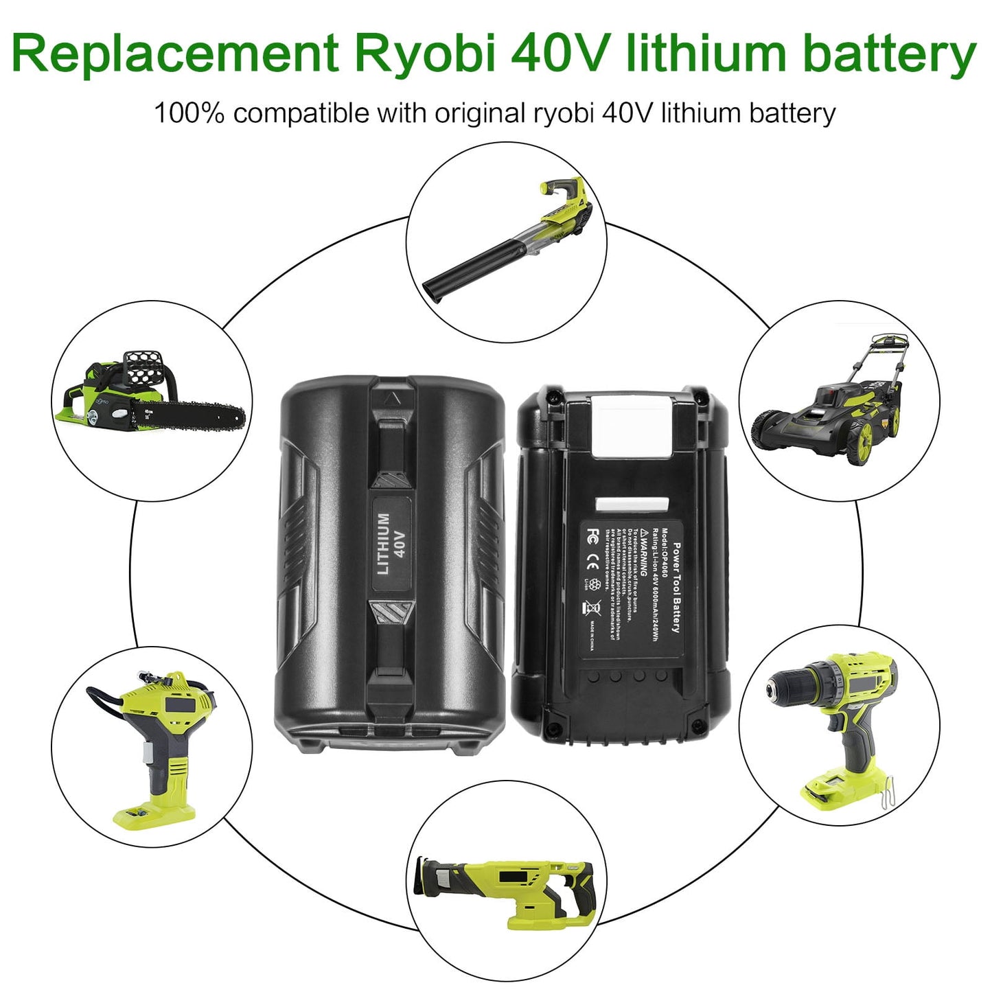 High-Capacity 40V 6.0Ah Lithium-Ion Battery Replacement for Ryobi Power Tools