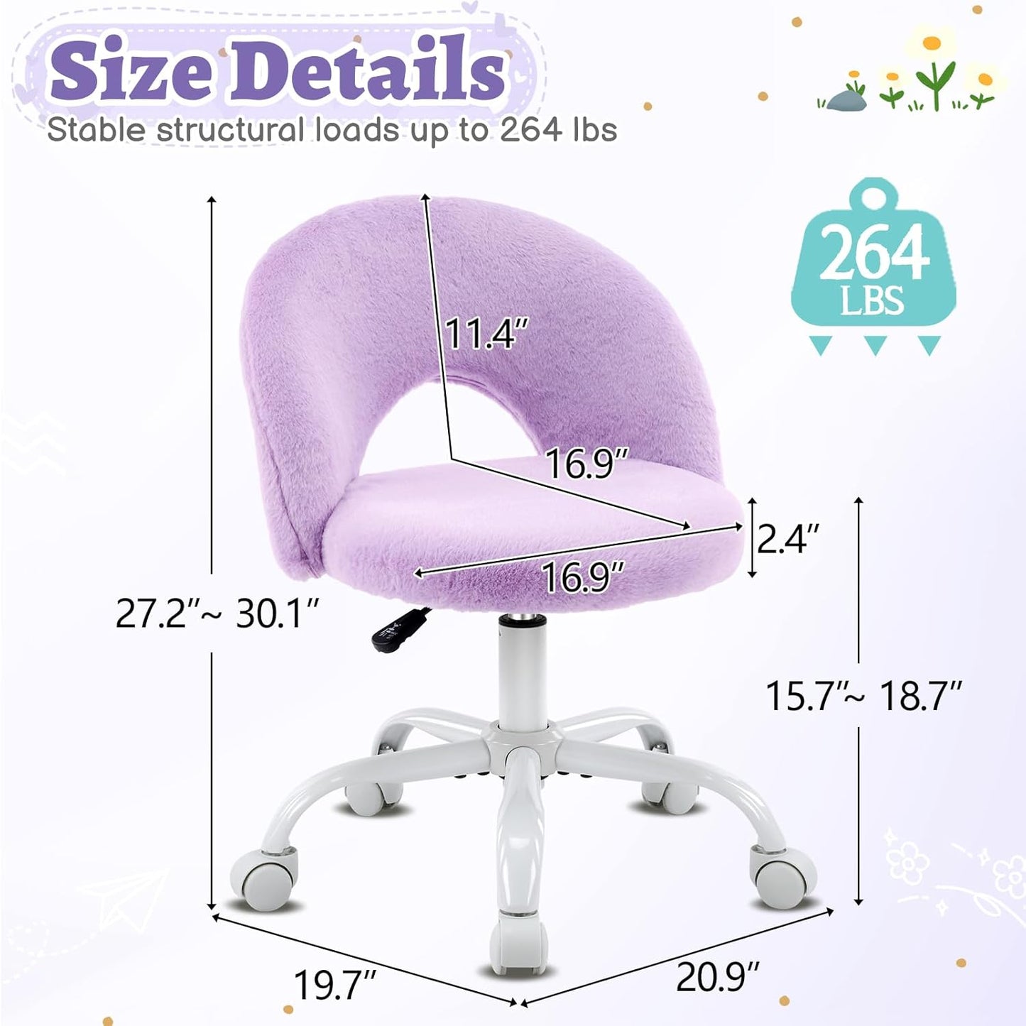 Purple Furry Vanity Chair — Adjustable, Armless, 360° Swivel & Wheels- Brand New