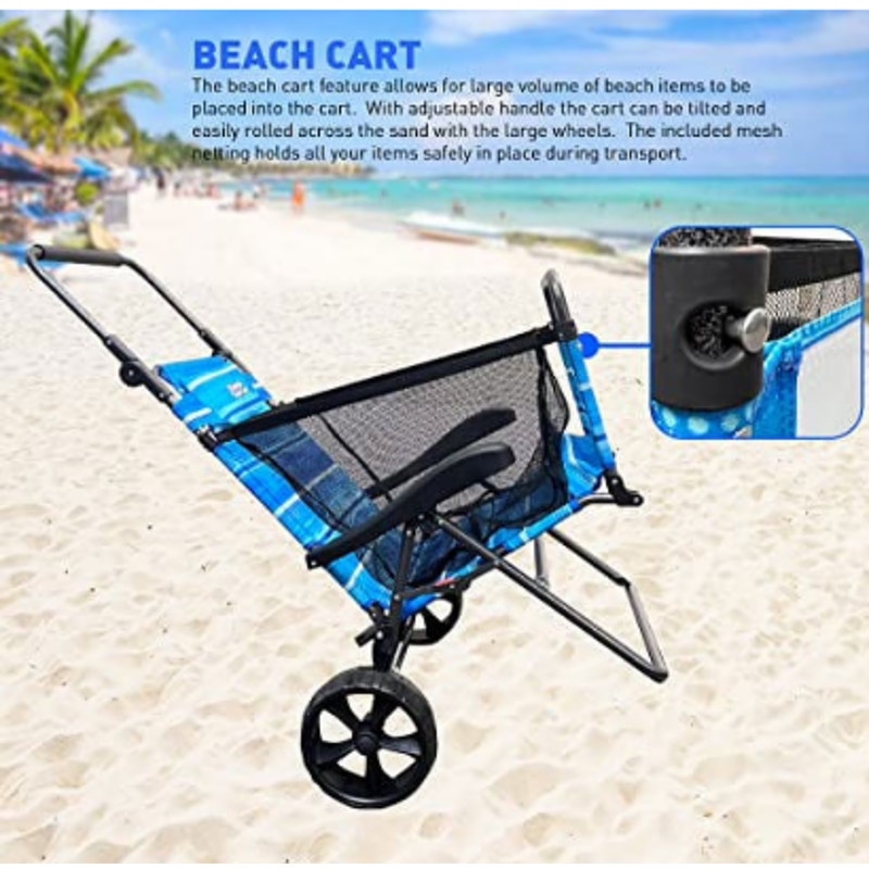 EasyGo 2-in-1 Beach Cart & Lounger Chair – Large Blue Stripes- New in box