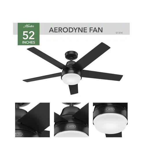 Hunter Aerodyne 52" Matte Black Smart Ceiling Fan w/ Remote & LED Light-NIB