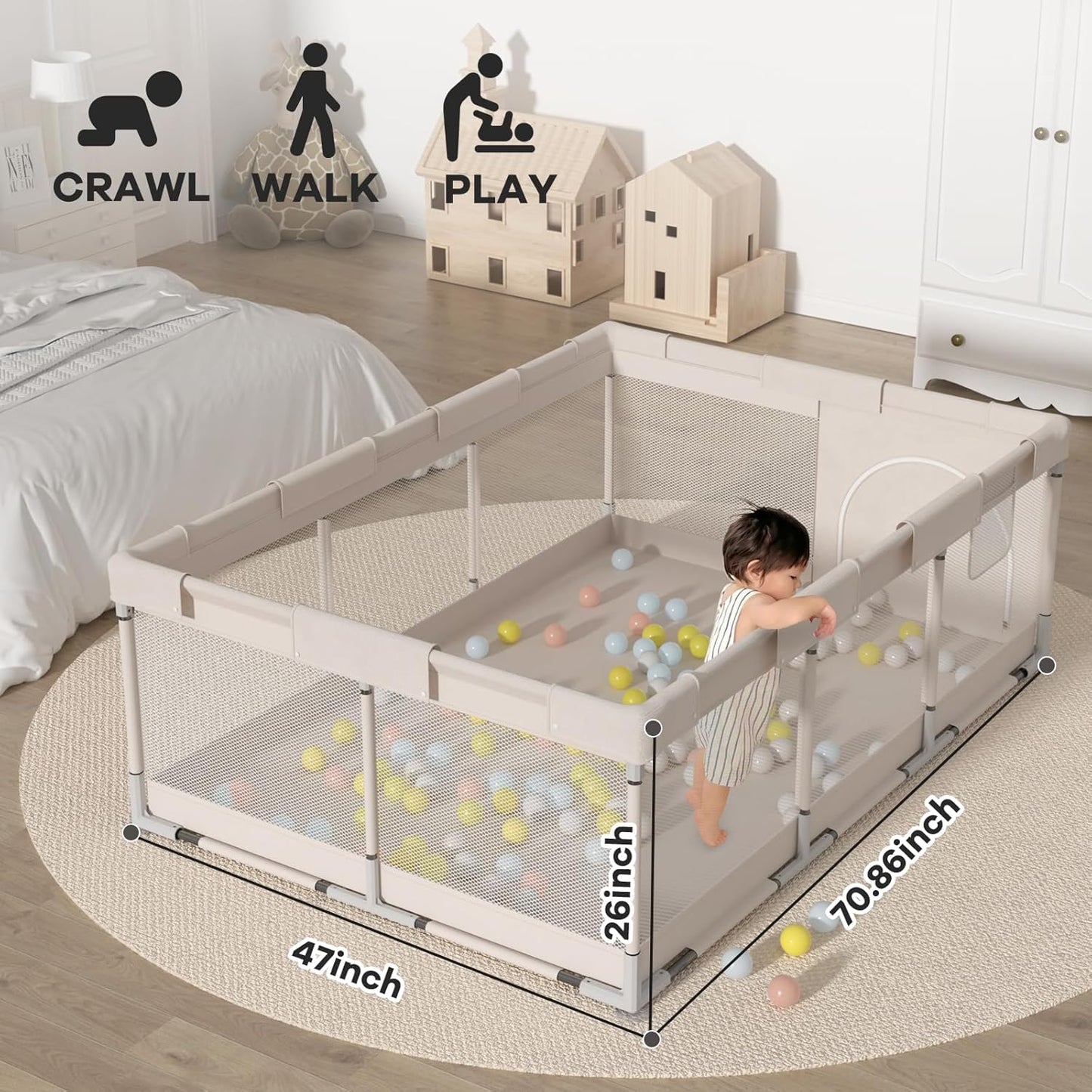 New in Box, Baby Playpen 71"x47" – Large Toddler Play Yard, Beige