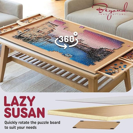 1000-Piece Wooden Jigsaw Puzzle Board — Rotating w/ 4 Drawers & Cover