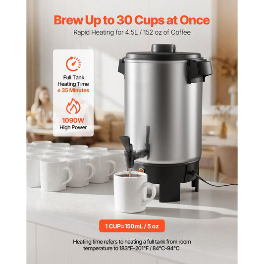 Commercial Coffee Urn 30 Cup 152oz No Drip Tap 1090W Fast Brew Auto Temp Control