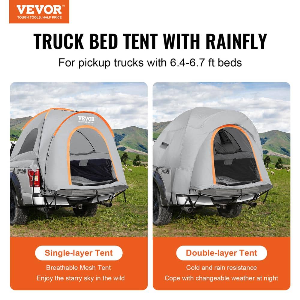 Truck Bed Tent 6.4-6.7 Ft Pickup Tent PU2000 Double Layer with Carry Bag for 2-3 Person Camping