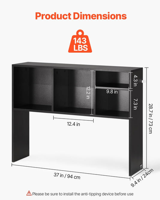 Desktop Bookshelf Storage Organizer 5 Shelves Wooden Desk Hutch Anti-Slip Feet Pads Black