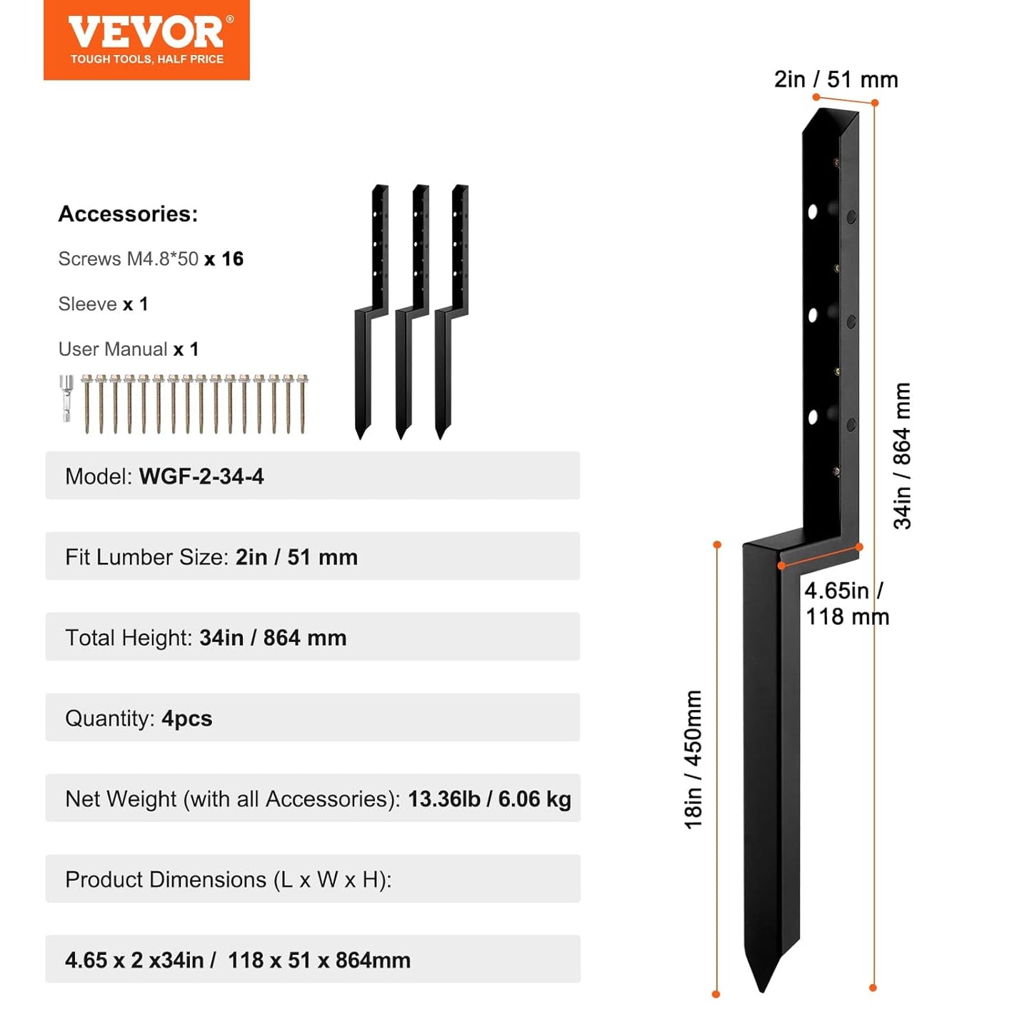 Fence Post Anchor Repair Kit 3.5 x 3.5 Inches 4-Pack Heavy Duty Steel Ground Spike