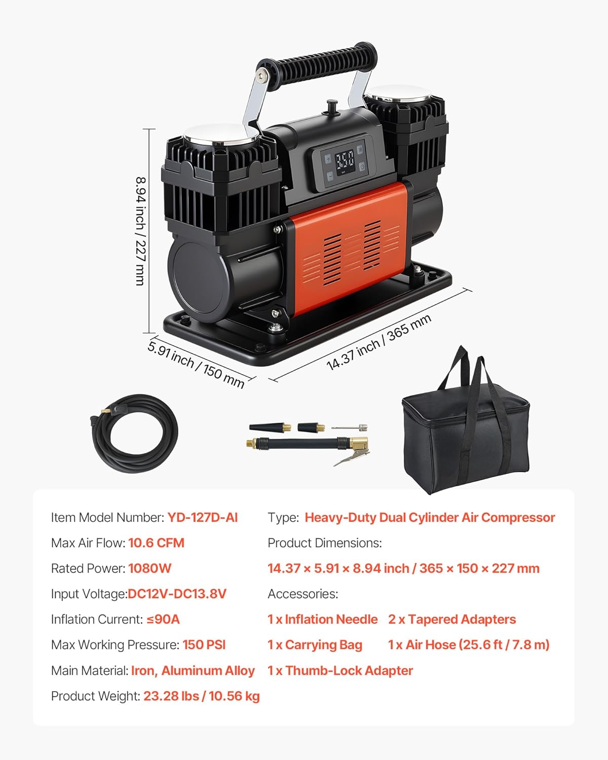 Dual-Cylinder Heavy Duty Air Compressor 10.6CFM Auto-Stop Portable Tire Inflator 12V 150PSI Offroad Air Pump with LCD Display & Adapters for Truck Car SUV 4x4 Vehicle RV