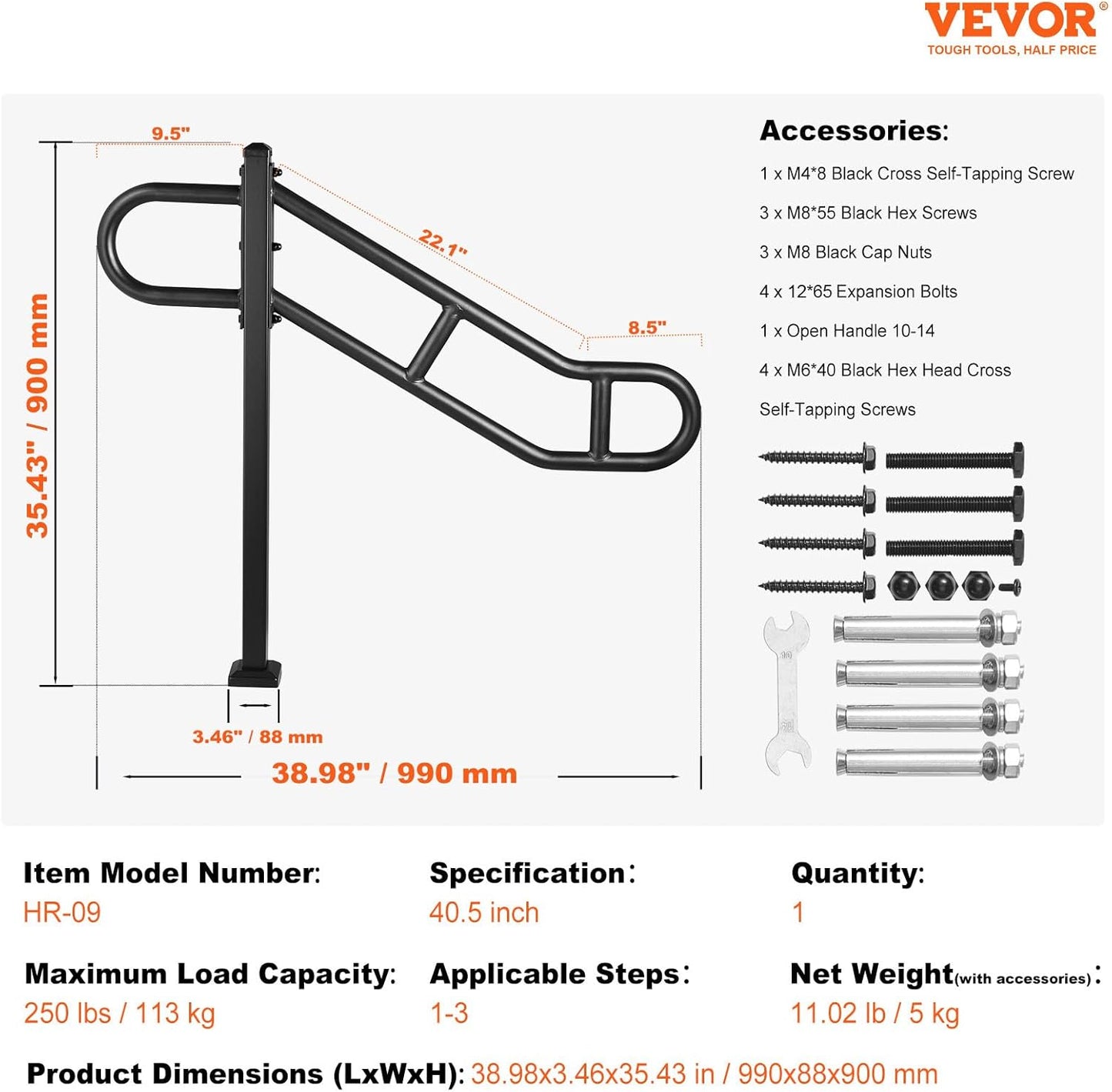 Single Post Handrail For Outdoor 1-3 Steps 40.5 In L X 35.4 In H Metal Bent Stair Railings Floor Mounted Carbon Steel U-Shaped Post Grab Rails With 2 Anti-Skid Crossbar For Garage