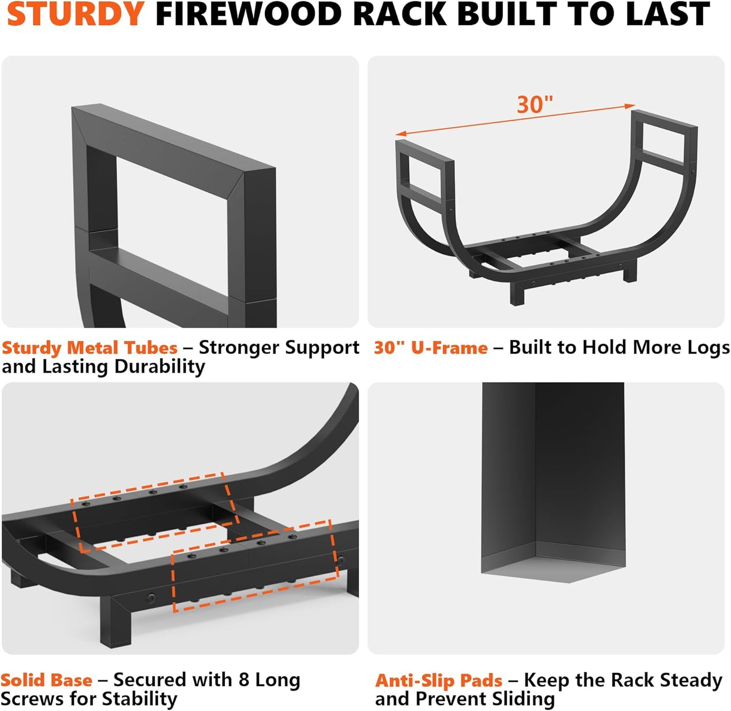 30-Inch Firewood Rack with Log Carrier Bag Heavy Duty Rustproof Metal Wood Storage Organizer Black