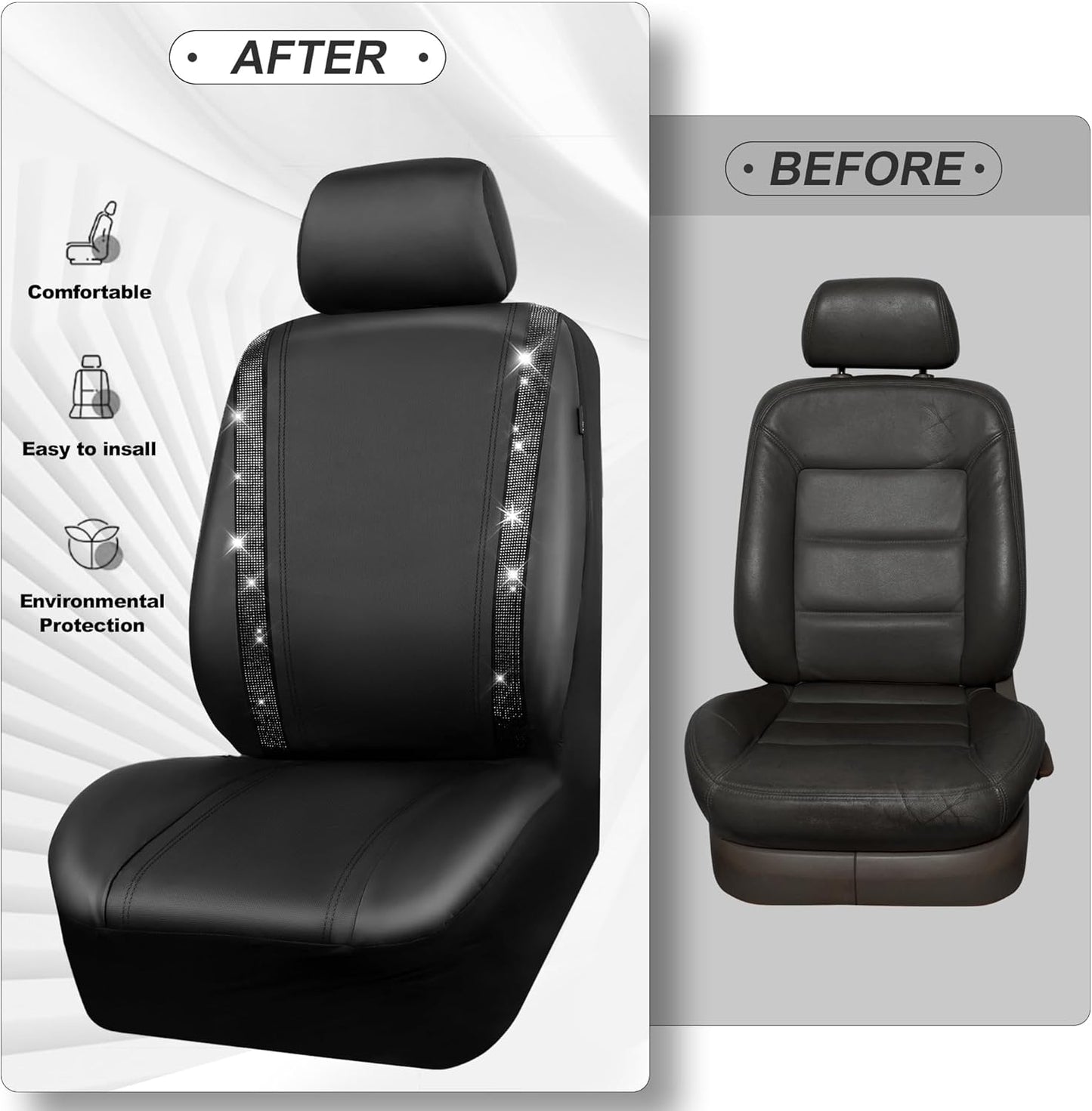 Leather Bling Diamond Car Seat Covers Full Set Rhinestone Waterproof Universal Fit Black