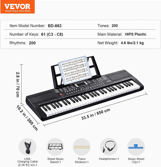 61 Key Digital Keyboard Piano 200 Tones 200 Rhythms Portable Kit with Stand Stickers