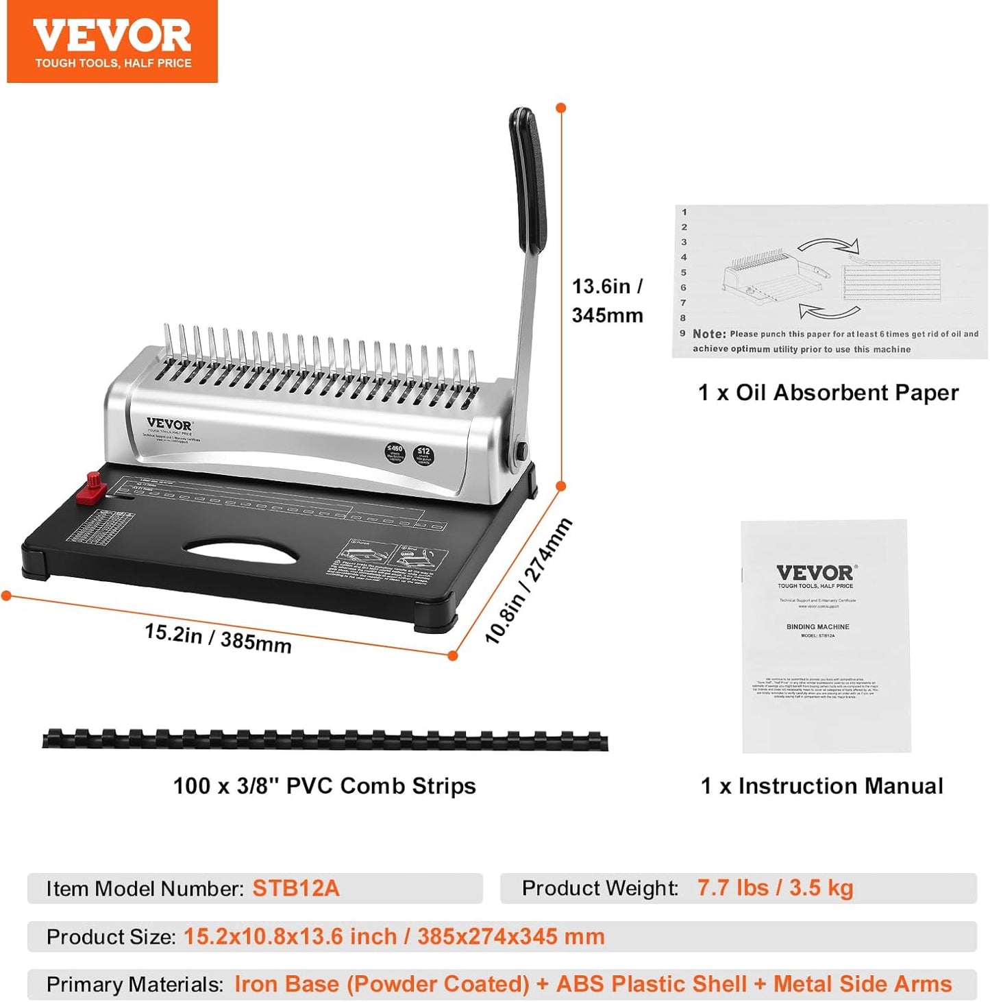 Comb Binding Machine 21-Holes 450 Sheets With 100 Pcs 3/8'' Spines For Letter A4 A5
