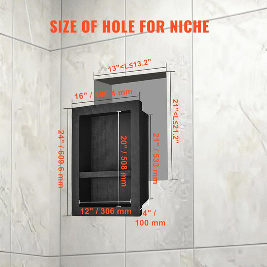 Shower Niche Ready for Tile 16 x 24 in Double Shelf Square Recessed Soap Storage Black