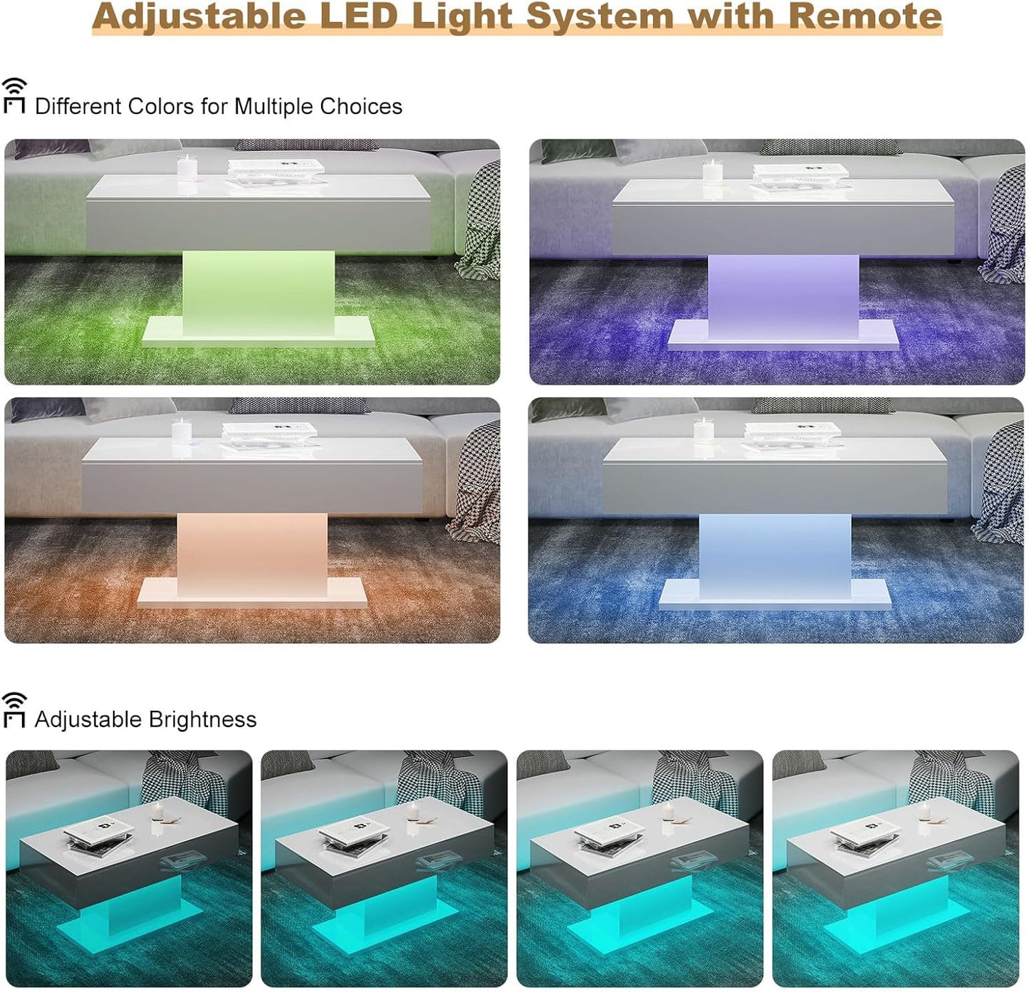 Led Coffee Table for Living Room Rectangular Center Table High Glossy Wooden 16 Colors Lights White