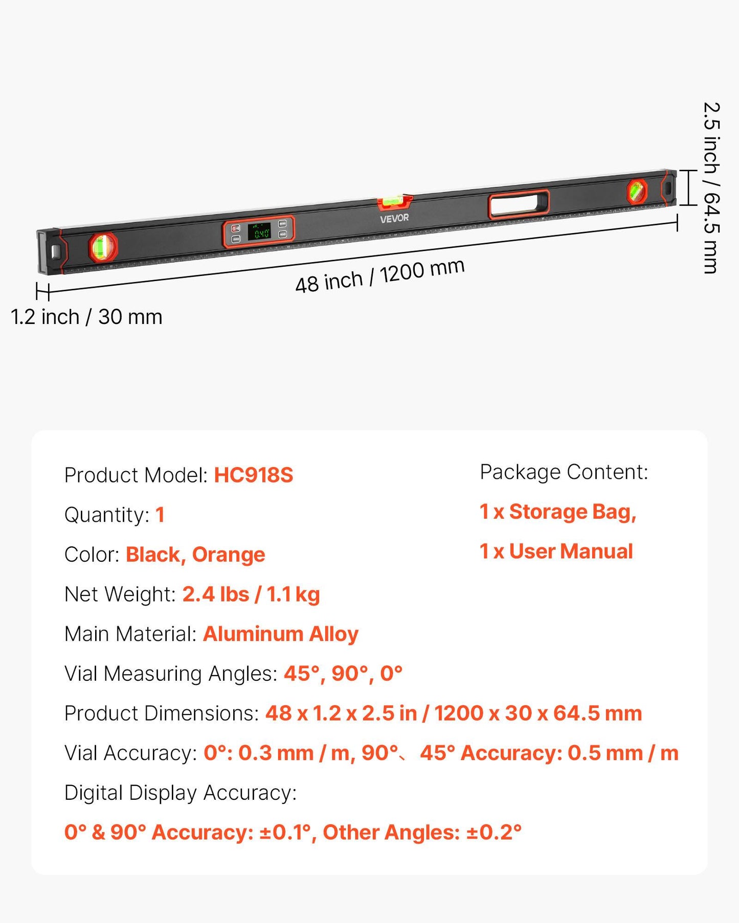 Digital Level 48 In Magnetic Electronic With LED Backlit Display 360° Black Orange