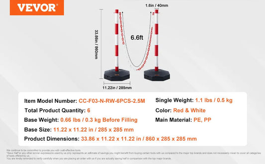 Adjustable Traffic Delineator Post Cones 6 Pack 6.6FT Chain Fillable Base Red White