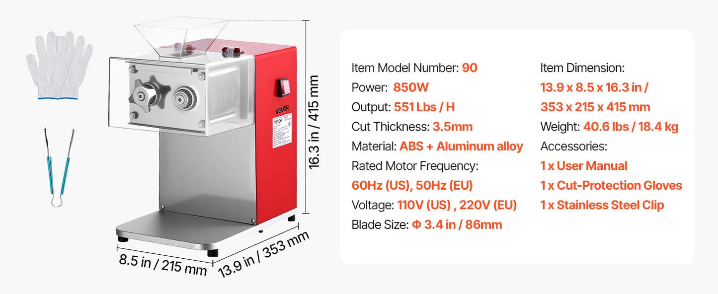 Meat Cutting Machine 850W Commercial Slicer 3.5mm Stainless Steel Blade